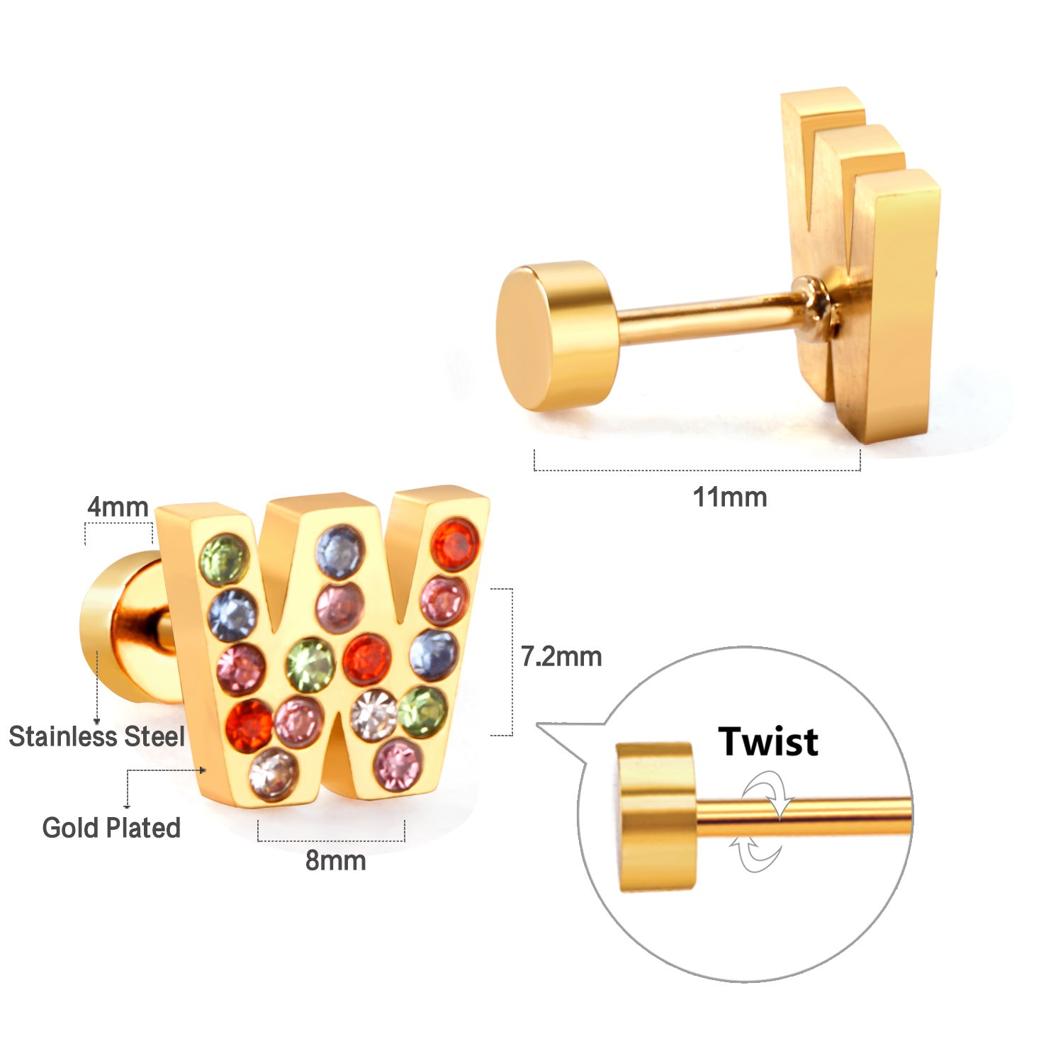 Venta al por mayor Oro 26 Letras Pendientes de botón de acero inoxidable